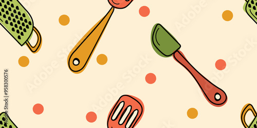 Colorful Doodle seamless pattern Kitchen utensil: gratter, spatula, metal turner editable stroke. Vector hand drawn illustration in green, orange, red, yellow, brown colors on beige background	