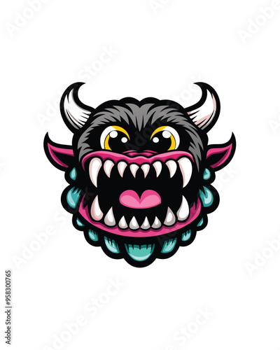 Cartoon monster with big eyes, sharp teeth and horns.