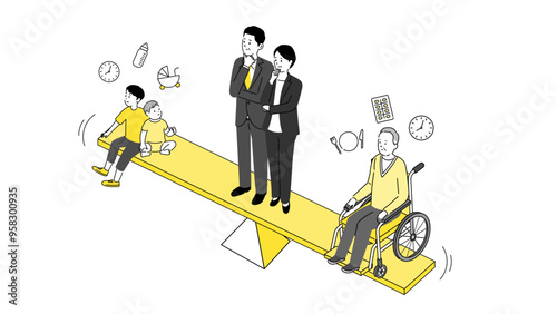 育児と介護と仕事の両立、ダブルケアのイメージイラスト、ベクター