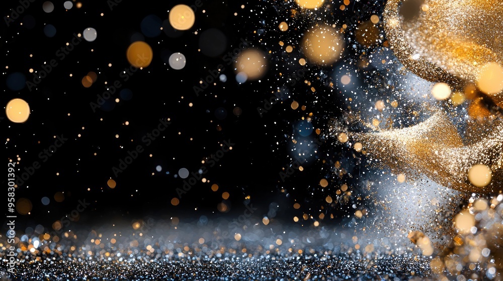 Golden glitter particles on black background for festive design Golden glitter particles on black background for festive design
