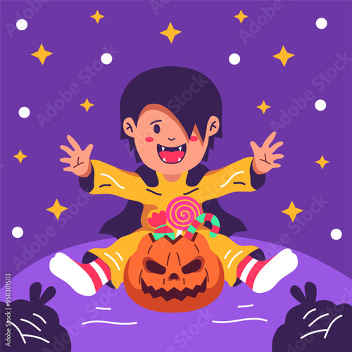 boy celebrating halloween party with happy expression.hand drawn halloween party illustration