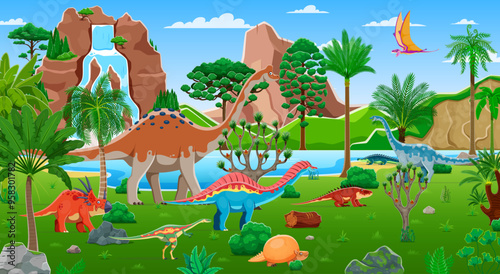 Cartoon prehistoric dinosaurs characters and Jurassic lizards in jungles forest, vector background. Kids dino park or paleontology museum and dinosaurs atlas with funny lizards of prehistoric era