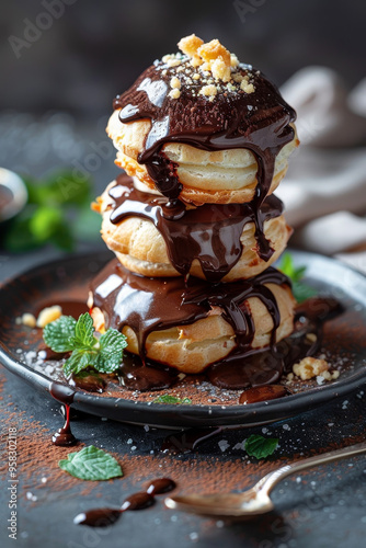 Classic profiteroles with chocolate sauce