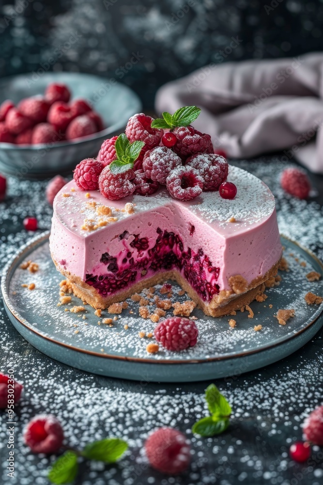 Raspberry cheesecake with a fresh berry garnish Raspberry cheesecake with a fresh berry garnish