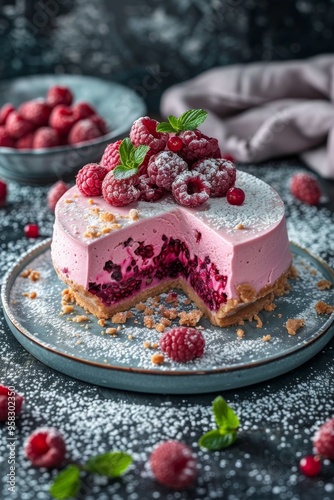 Raspberry cheesecake with a fresh berry garnish