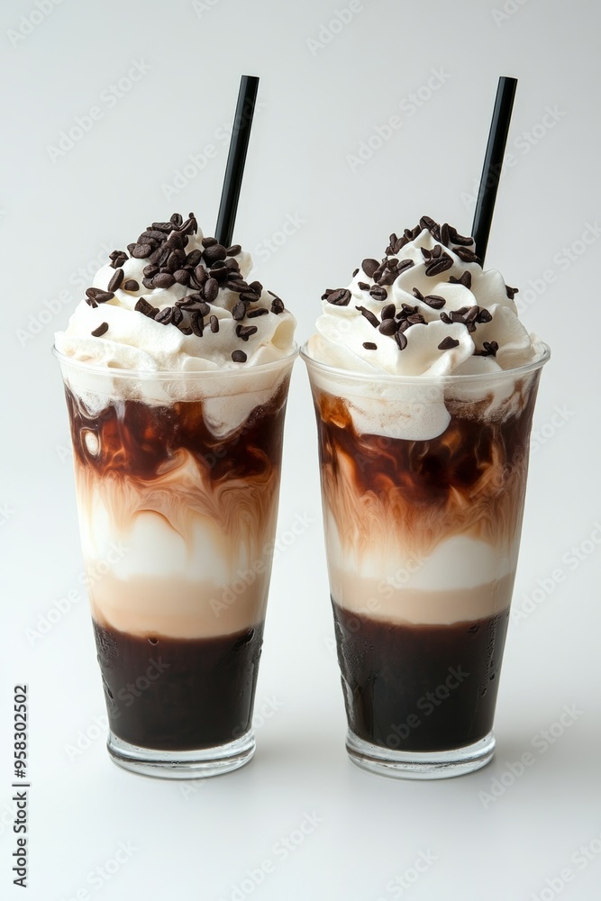 Two Iced Coffee Drinks with Whipped Cream and Chocolate Sprinkles on White Background Two Iced Coffee Drinks with Whipped Cream and Chocolate Sprinkles on White Background