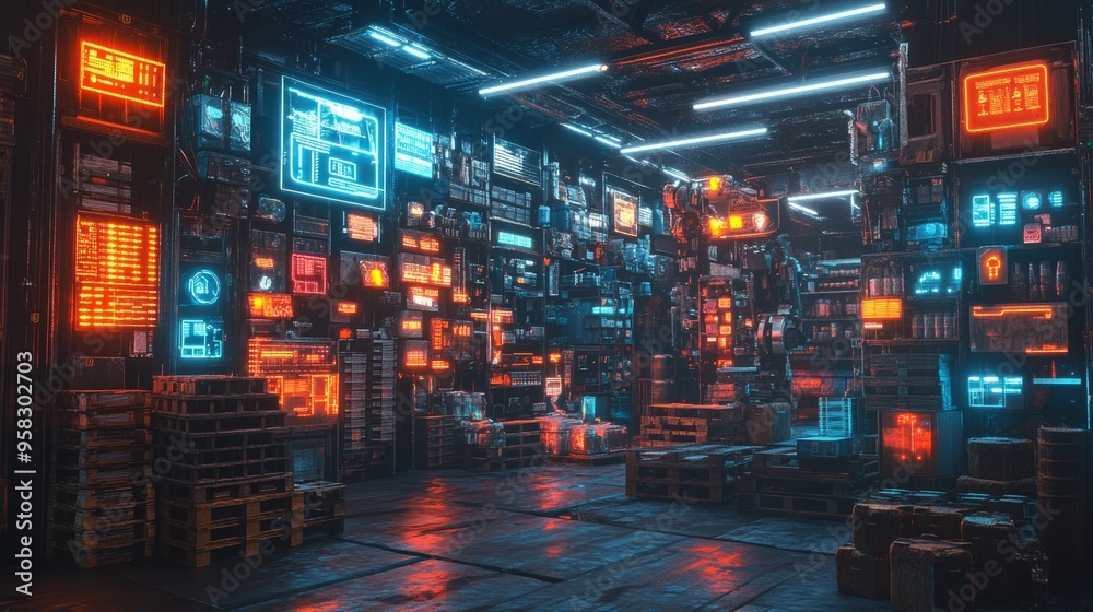 Overloaded pallets of different sizes in a cluttered warehouse, surrounded by glowing holographic labels and robotic arms organizing the chaos, Futuristic, Neon Accents Overloaded pallets of different sizes in a cluttered warehouse, surrounded by glowing holographic labels and robotic arms organizing the chaos, Futuristic, Neon Accents