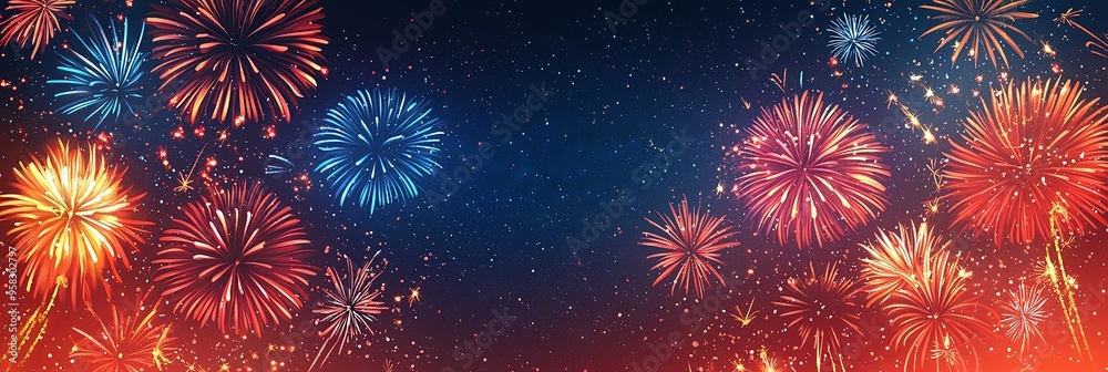 Dazzling red and blue fireworks burst dramatically in the night sky, creating a captivating display full of excitement and exuberance, ideal for celebrations. Dazzling red and blue fireworks burst dramatically in the night sky, creating a captivating display full of excitement and exuberance, ideal for celebrations.