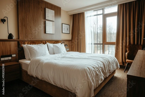 Modern Hotel Room with White Bed and Brown Decor