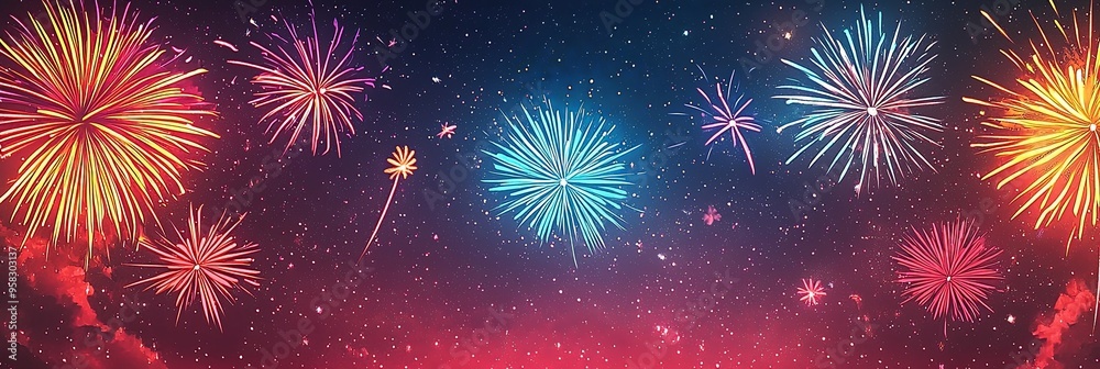 This image captures a magnificent display of colorful fireworks bursting against a starry night sky, creating a stunning visual spectacle ideal for celebrations. This image captures a magnificent display of colorful fireworks bursting against a starry night sky, creating a stunning visual spectacle ideal for celebrations.