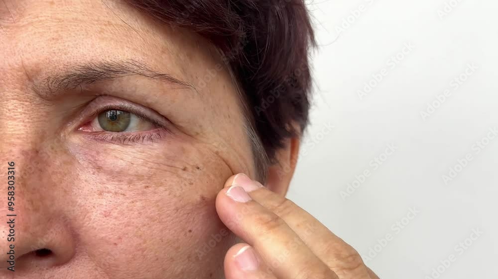 Elderly caucasian woman with pigmented spots, puffiness and facial wrinkles under her eyes touching her face on a white background. Age-related skin changes, fatigue. Cosmetology and beauty concept