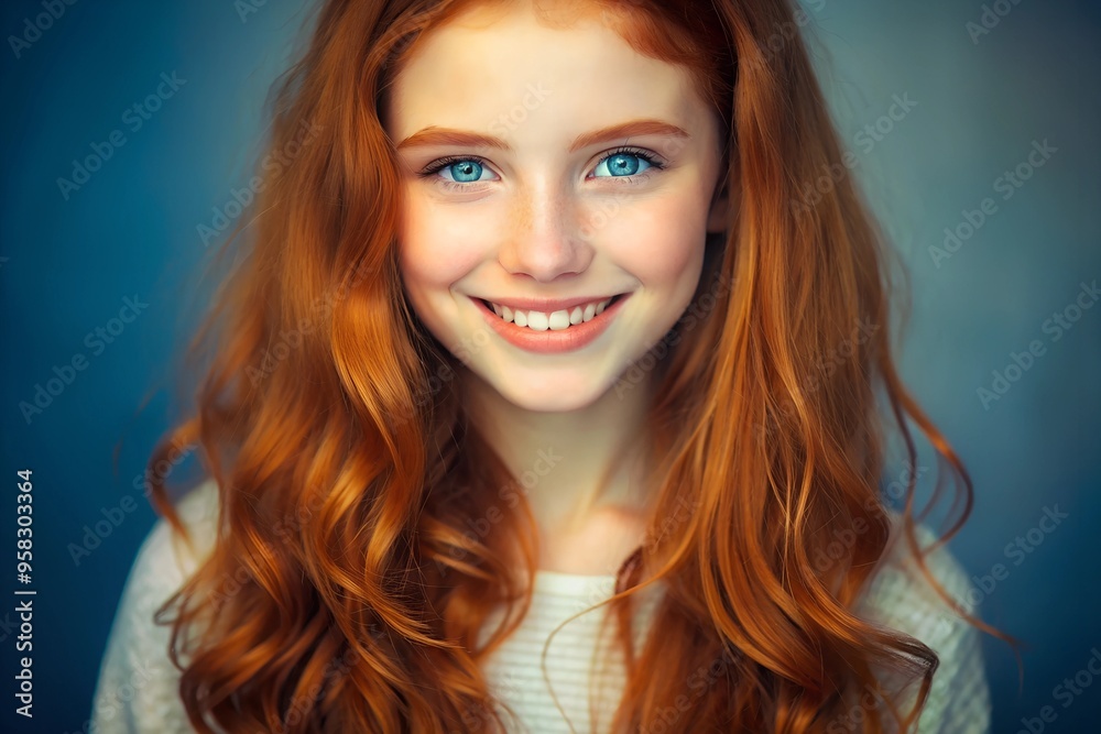 Red-haired beauty: close-up portrait of a smiling young woman with striking blue eyes and freckles, ideal for fashion editorials and beauty branding, magazines, beauty product promotions Red-haired beauty: close-up portrait of a smiling young woman with striking blue eyes and freckles, ideal for fashion editorials and beauty branding, magazines, beauty product promotions
