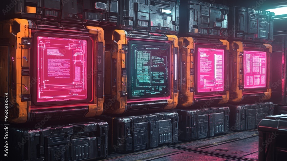 Pallet stacked with high-tech gadgets, glowing holograms showing destination coordinates, deep space shipping port, neon cyberpunk style, vibrant colors Pallet stacked with high-tech gadgets, glowing holograms showing destination coordinates, deep space shipping port, neon cyberpunk style, vibrant colors