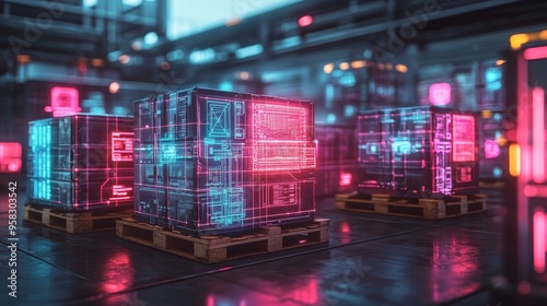 Pallet stacked with high-tech gadgets, glowing holograms showing destination coordinates, deep space shipping port, neon cyberpunk style, vibrant colors