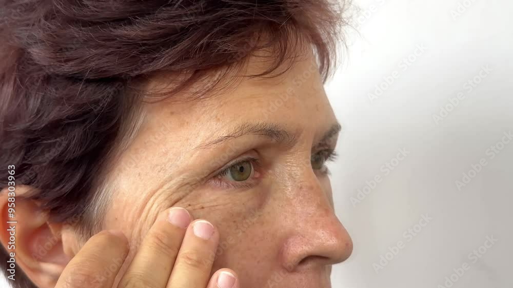 Elderly caucasian woman with pigmented spots, puffiness and facial wrinkles under her eyes touching her face on a white background. Age-related skin changes, fatigue. Close up