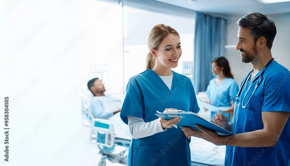 Two nurses talking together in a hospital. Two nurses talking together in a hospital.