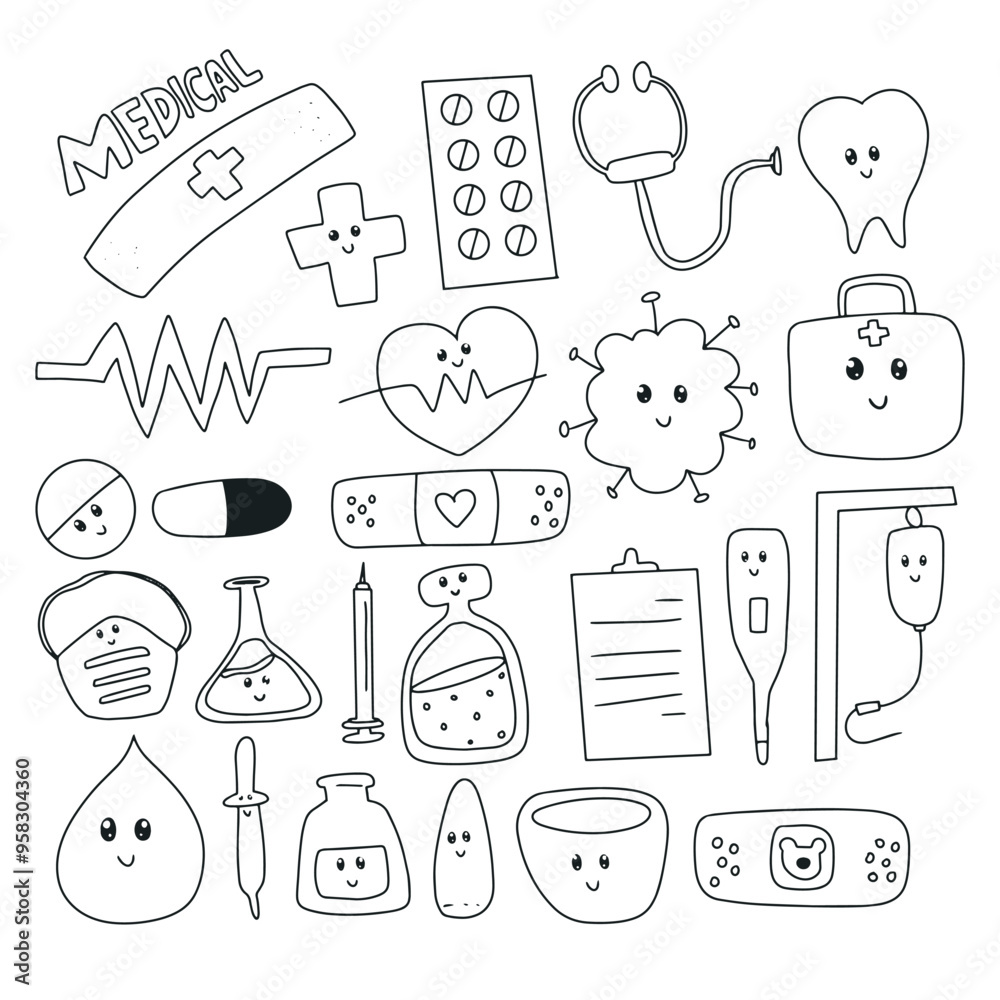 set of kawaii medicine doodles isolated on white background. stock medicine set of kawaii medicine doodles isolated on white background. stock medicine