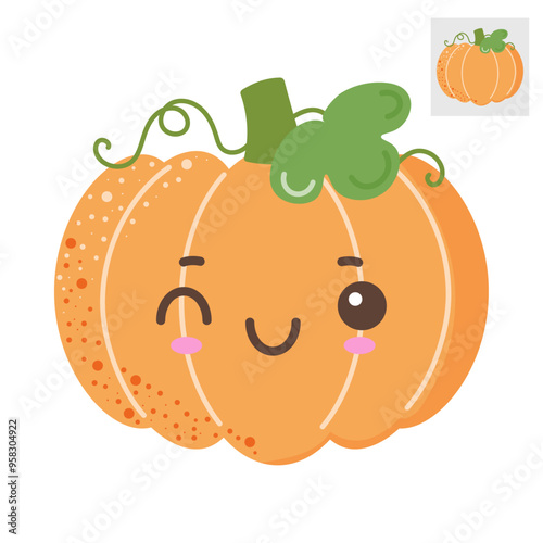 A flat vector illustration of a pumpkin with kawaii eyes on a white background.	