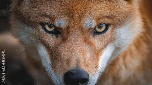 Closeup intense  dingo eyes stare looking stalking pray Australian wildlife predator animal Australia nature wild canine eyes fierce focus banner backdrop ad travel campaign danger photo