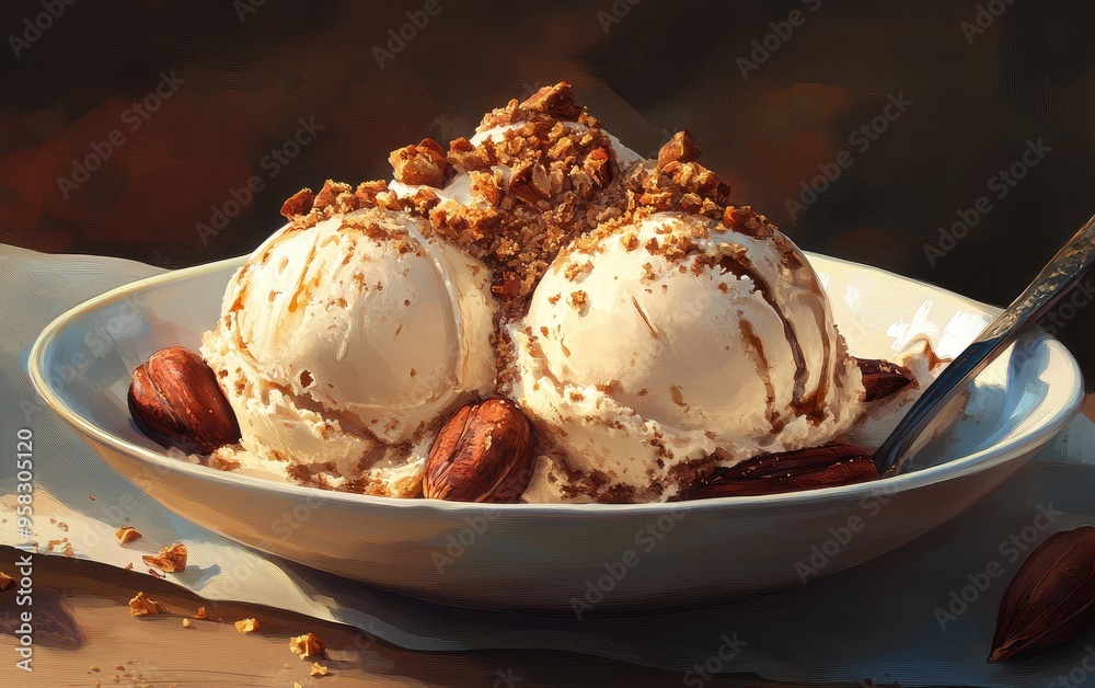 Indulge in creamy vanilla ice cream topped with crunchy nuts and drizzled caramel, creating a delightful dessert experience.