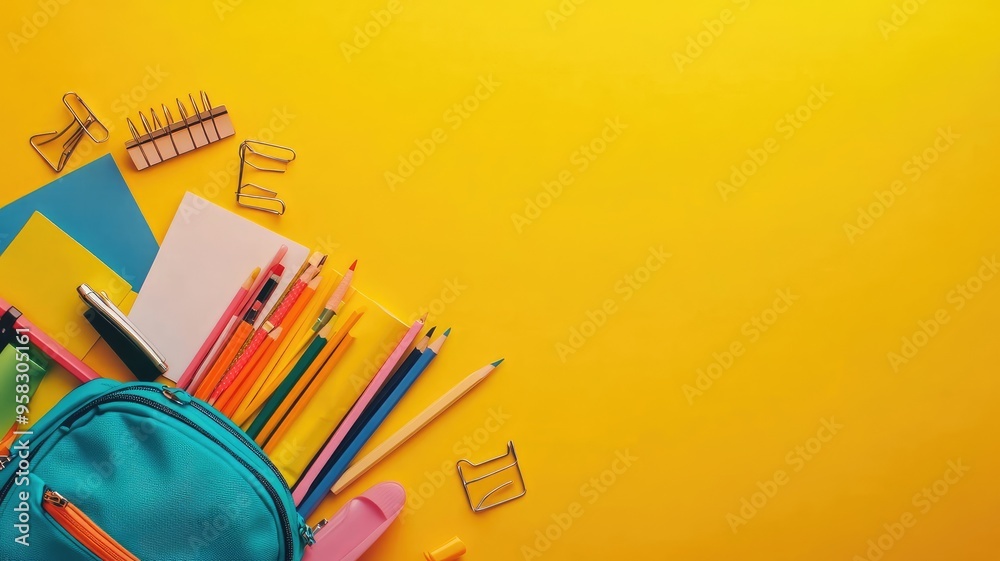 Fototapeta premium School backpack with colorful stationery spilling out, set against a vibrant yellow background, ready for a new school year.
