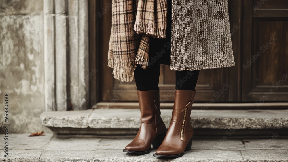 A subtle and elegant fashion outfit featuring a tailored coat, plaid scarf, and stylish brown leather boots. A subtle and elegant fashion outfit featuring a tailored coat, plaid scarf, and stylish brown leather boots.