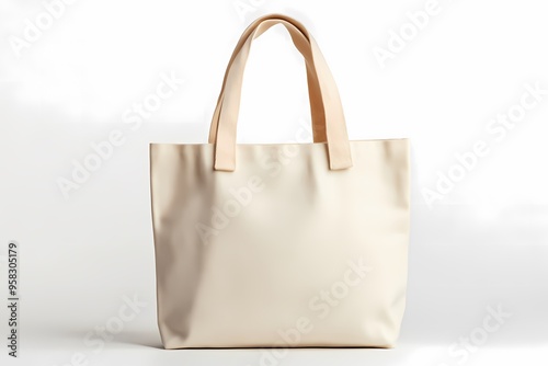 Minimalistic beige canvas tote bag with sturdy handles, isolated on a white background, ideal for shopping, everyday use, or branding.