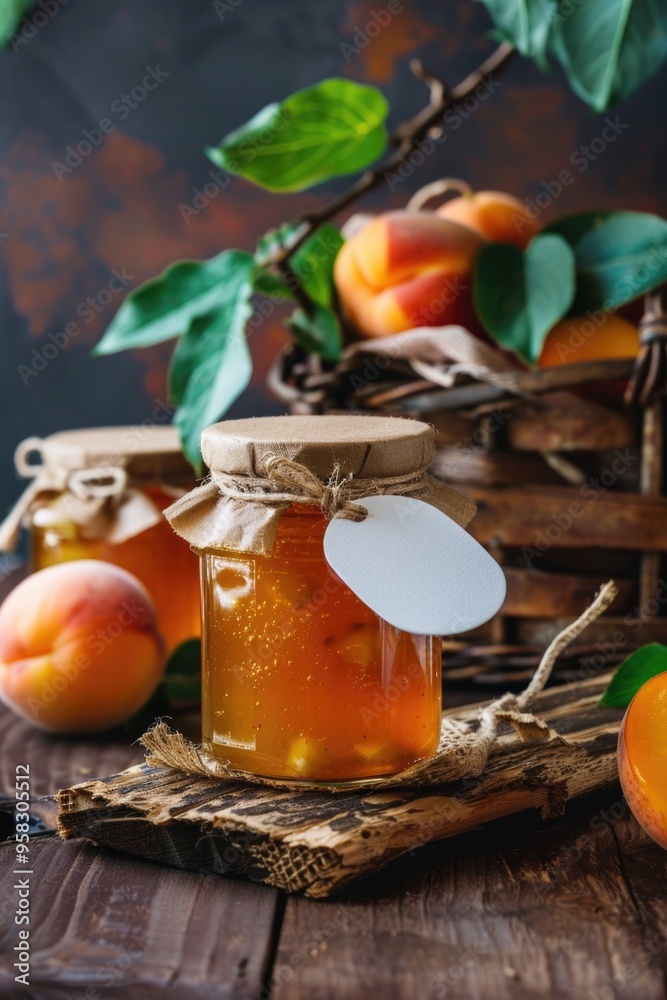 Obraz premium Homemade Peach Jam in Glass Jars with Fresh Peaches on Wooden Table