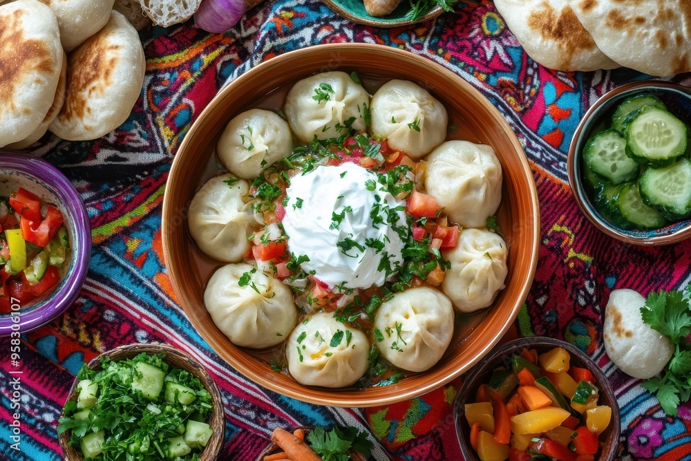A colorful spread of dumplings served with fresh vegetables and yogurt on a vibrant tablecloth. A colorful spread of dumplings served with fresh vegetables and yogurt on a vibrant tablecloth.