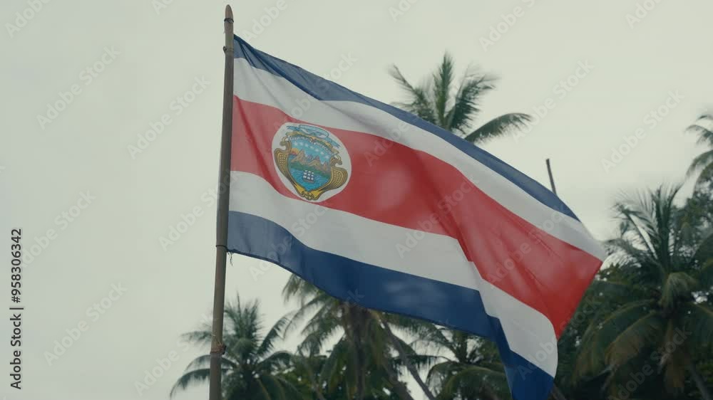 Costa Rican flag waving in the wind along the beach