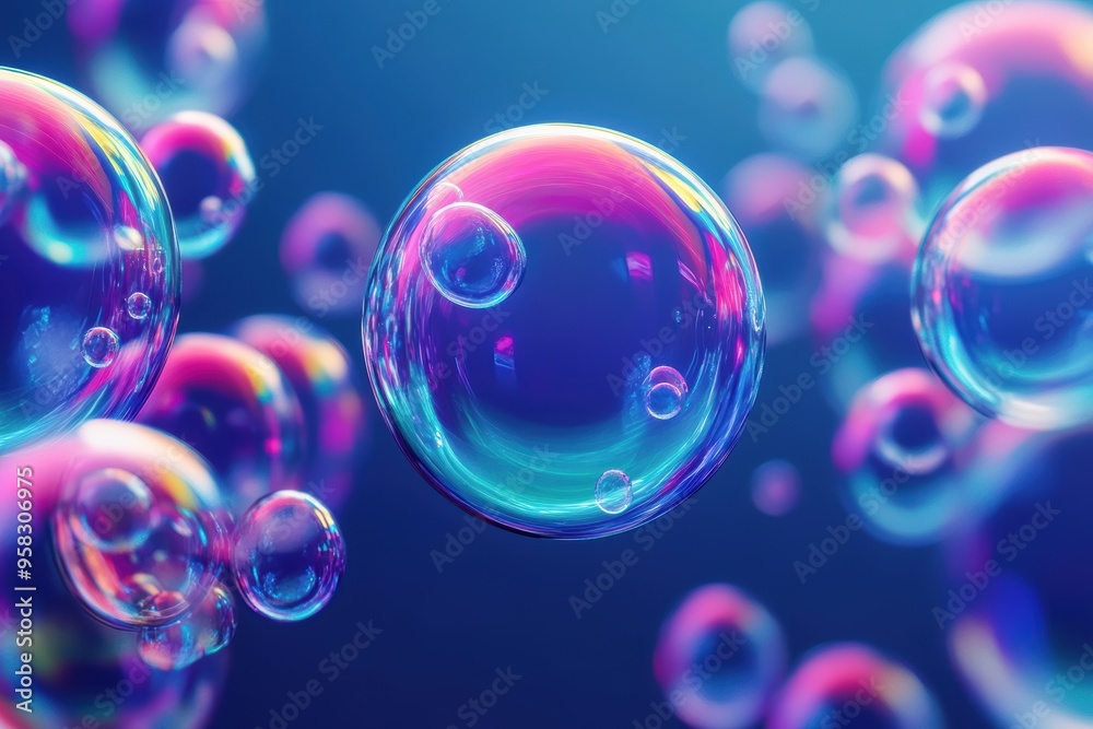 Naklejka premium Vibrant soap bubbles floating on blue background