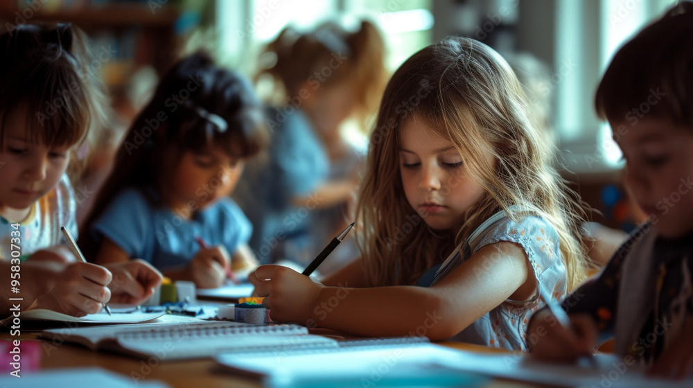 In a classroom filled with other children, a little girl is happily seated at a desk, engaging in activities and enjoying her time with friends In a classroom filled with other children, a little girl is happily seated at a desk, engaging in activities and enjoying her time with friends