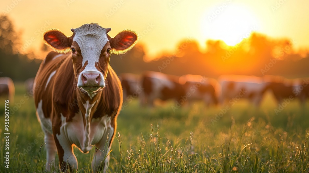 Close up of brown and white cow in green pasture during sunrise Close up of brown and white cow in green pasture during sunrise
