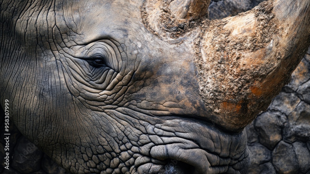 Close-Up of a White Rhinoceros's Face with Wrinkled Skin and Horn Close-Up of a White Rhinoceros's Face with Wrinkled Skin and Horn