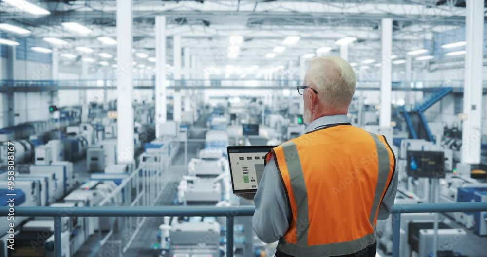 Senior Engineer Standing on a Platform, Using Laptop Computer at an Electronics Factory. Machines are Undergoing Maintenance, Specialist Monitoring the Updates Through Online Software Senior Engineer Standing on a Platform, Using Laptop Computer at an Electronics Factory. Machines are Undergoing Maintenance, Specialist Monitoring the Updates Through Online Software