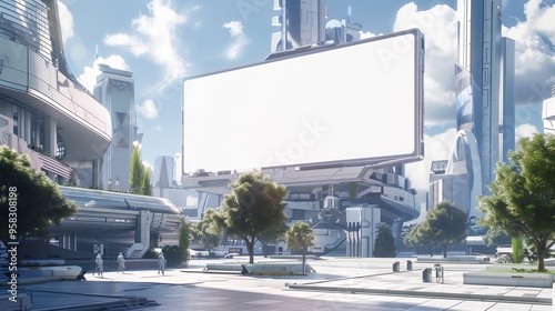 A high-tech city square featuring a prominent blank billboard, surrounded by futuristic architecture.