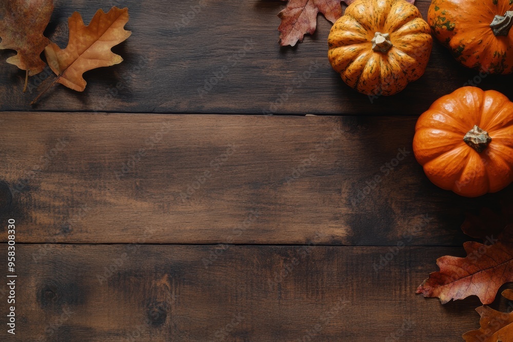 Autumn pumpkin display on wooden backdrop with fallen leaves Autumn pumpkin display on wooden backdrop with fallen leaves