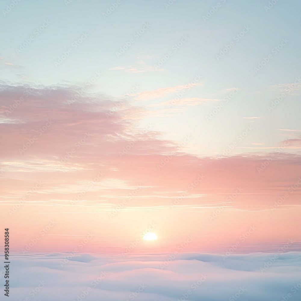 Fototapeta premium A serene landscape featuring a pastel sunrise above soft clouds, evoking a sense of peace and tranquility.