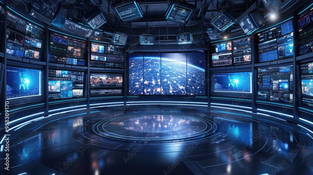 Blurred wall of television screens broadcasting 24/7 news and media. Concept of internet, AI, and nonstop data. Blurred wall of television screens broadcasting 24/7 news and media. Concept of internet, AI, and nonstop data.