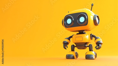 Yellow Robot with Black Features Standing on Orange Background