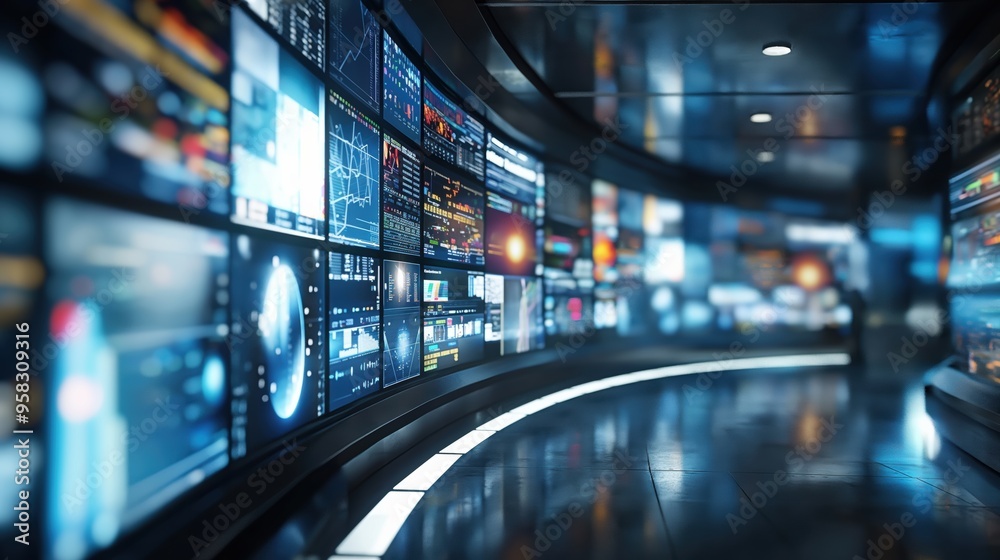 Blurred wall of television screens broadcasting 24/7 news and media. Concept of internet, AI, and nonstop data. Blurred wall of television screens broadcasting 24/7 news and media. Concept of internet, AI, and nonstop data.