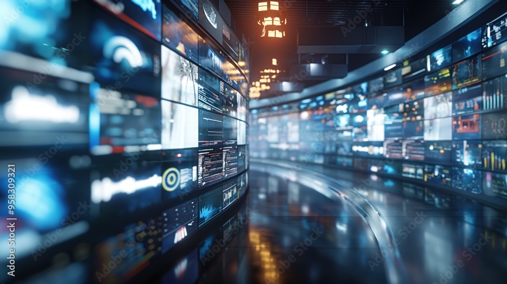 Blurred wall of television screens broadcasting 24/7 news and media. Concept of internet, AI, and nonstop data. Blurred wall of television screens broadcasting 24/7 news and media. Concept of internet, AI, and nonstop data.