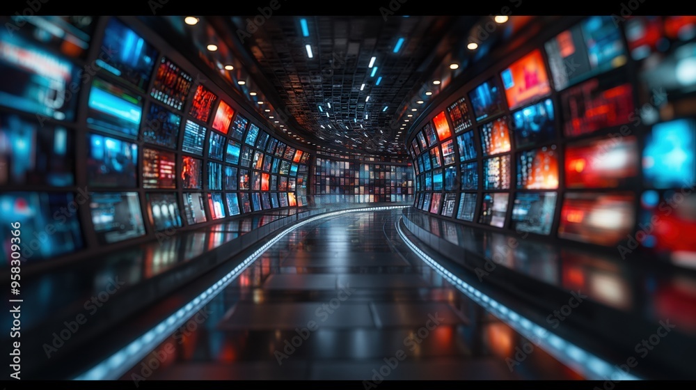 Blurred wall of television screens broadcasting 24/7 news and media. Concept of internet, AI, and nonstop data. Blurred wall of television screens broadcasting 24/7 news and media. Concept of internet, AI, and nonstop data.