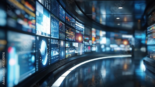 Blurred wall of television screens broadcasting 24/7 news and media. Concept of internet, AI, and nonstop data.	