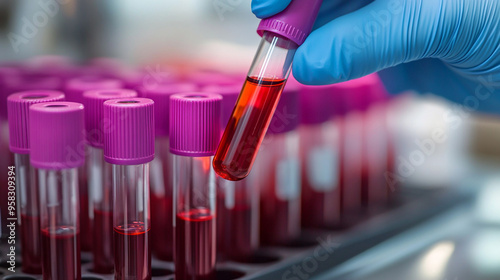 Hands of a laboratory technician holding a test tube with a blood sample. A laboratory technician holds a test tube with a blood sample for testing.