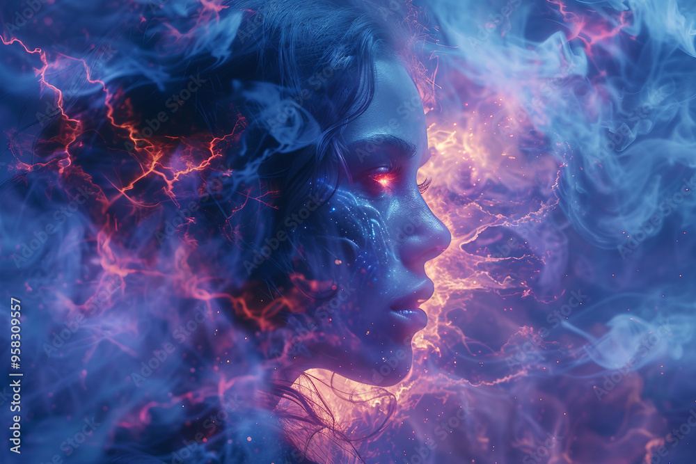 Image of male face with smoke and sparks in purple light Image of male face with smoke and sparks in purple light