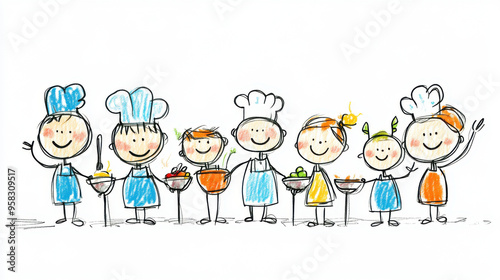 A hand-drawn illustration of happy cartoon chefs, each holding a bowl of food, standing together in a row.
