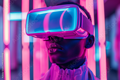 Fashion model person wearing futuristic shiny glamorous VR goggles watching cyberpunk video, Generative AI