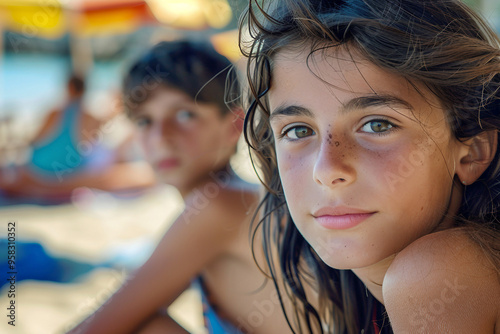 Diversity little child boy and girl friends running and playing in sea water on tropical beach generative AI