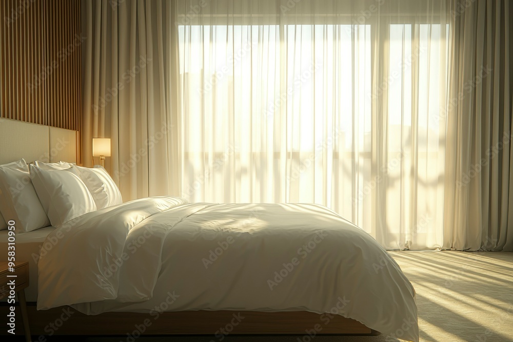 A Minimalist Bedroom with Sunlight Streaming Through Sheer Curtains A Minimalist Bedroom with Sunlight Streaming Through Sheer Curtains